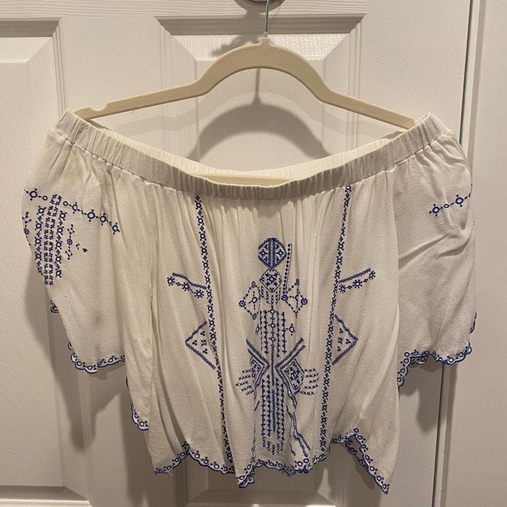 Embroidered Off-Shoulder White and Blue Top